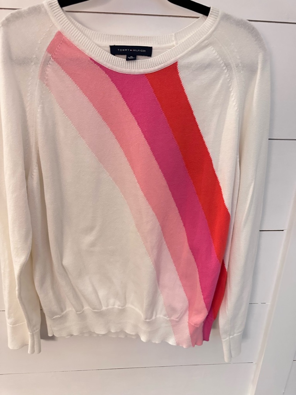 Tommy Hilfiger XL white-pink diagonal stripe crew neck cotton rib cuff sweater - Picture 9 of 11